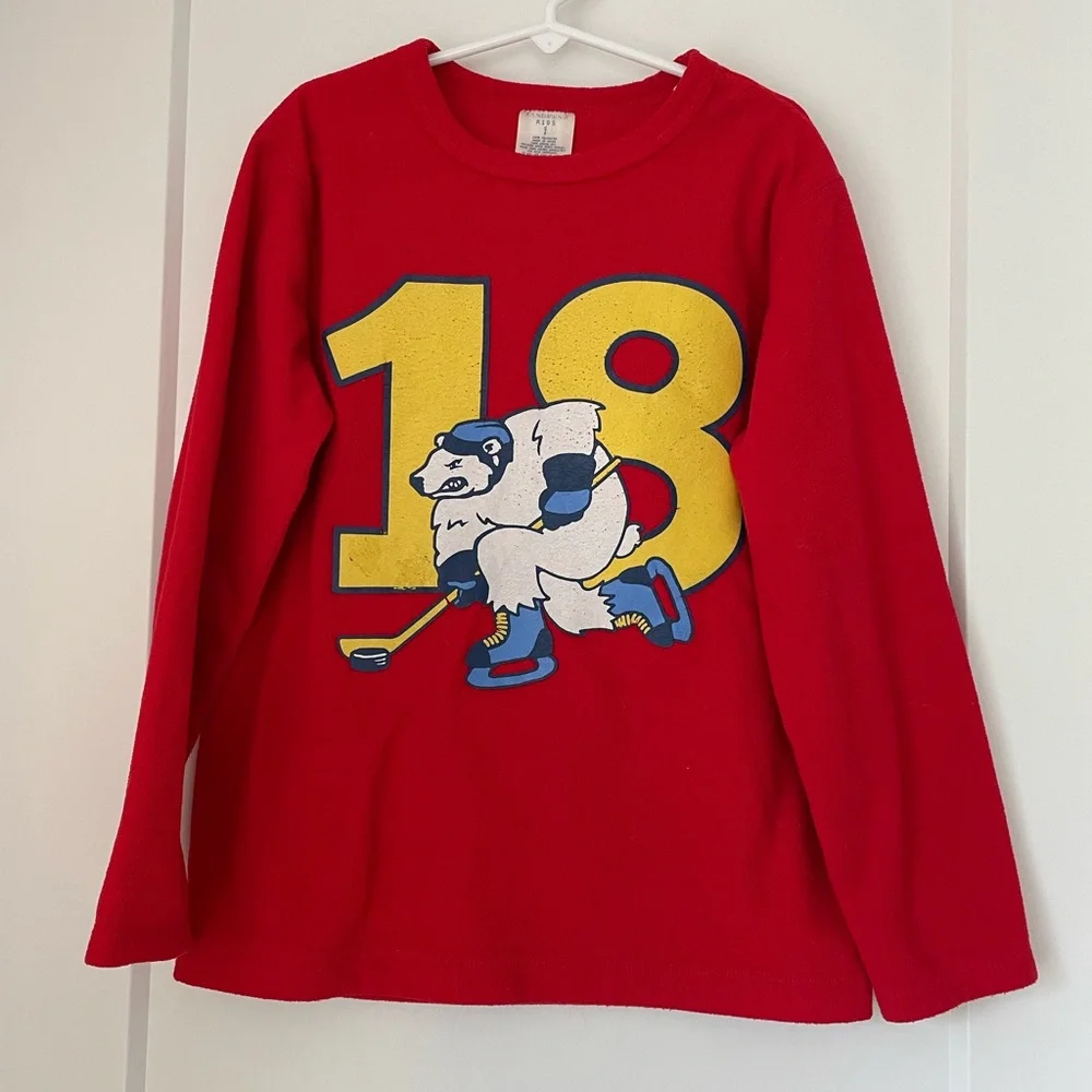 LANDS END Kids Fleece Red Hockey Pajama Top size 8